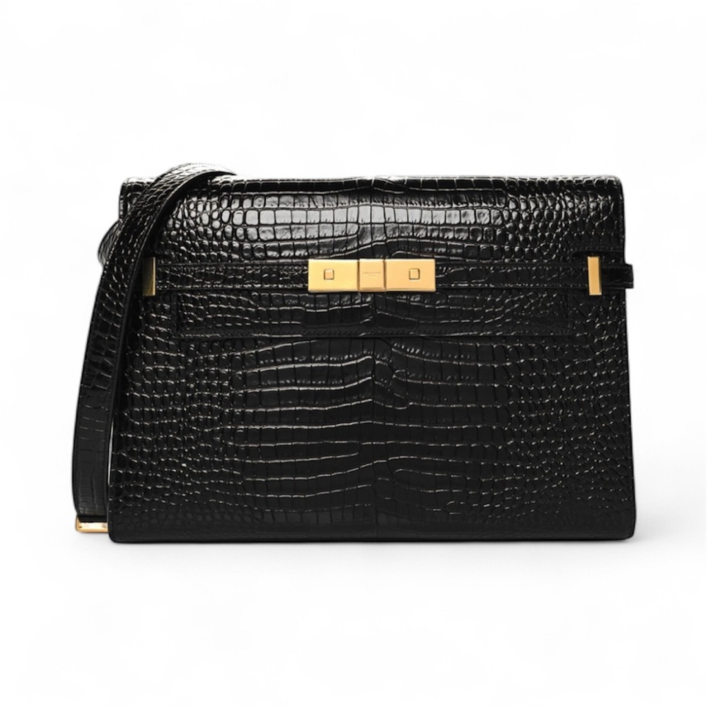 Saint Laurent Black Crocodile-Embossed Shoulder Bag